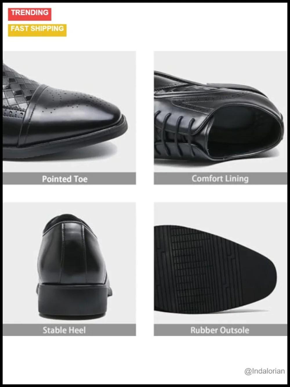 Men's Leather Pointed Toe Brogue Oxfords Lightweight Lace-Up Wingtip Block Heel